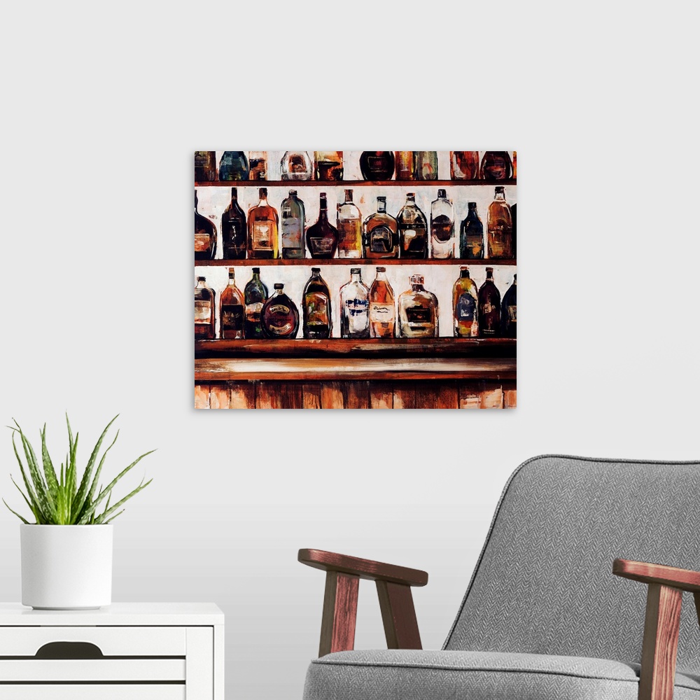 A modern room featuring Contemporary painting of shelves of liquor in a bar setting.