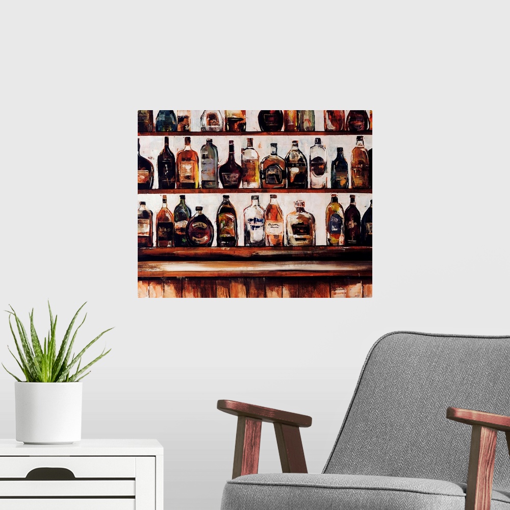 A modern room featuring Contemporary painting of shelves of liquor in a bar setting.