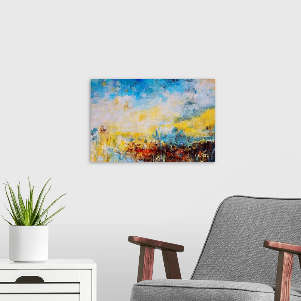 A modern room featuring Abstract landscape painting in lemon yellow and bright blue.