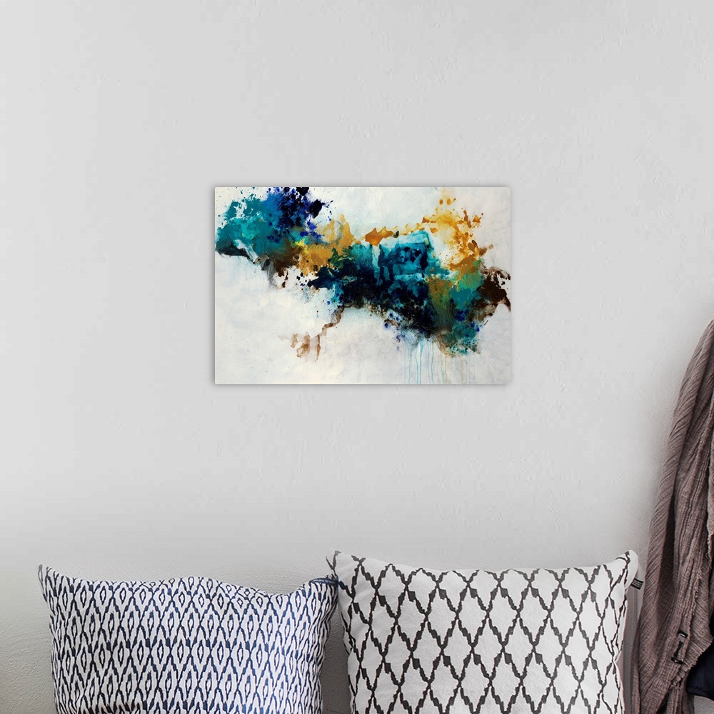 A bohemian room featuring Contemporary abstract painting of a huge splatter in teal, blue and golden yellow hues crossing t...