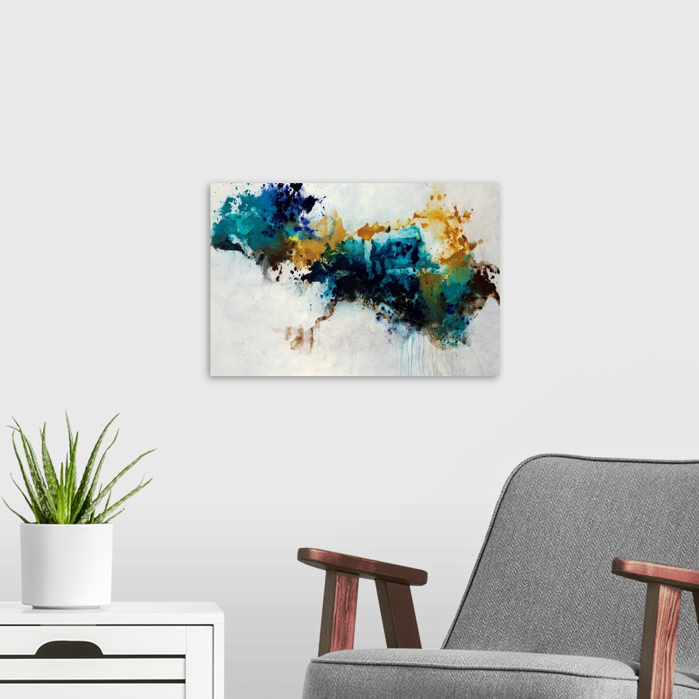 A modern room featuring Contemporary abstract painting of a huge splatter in teal, blue and golden yellow hues crossing t...