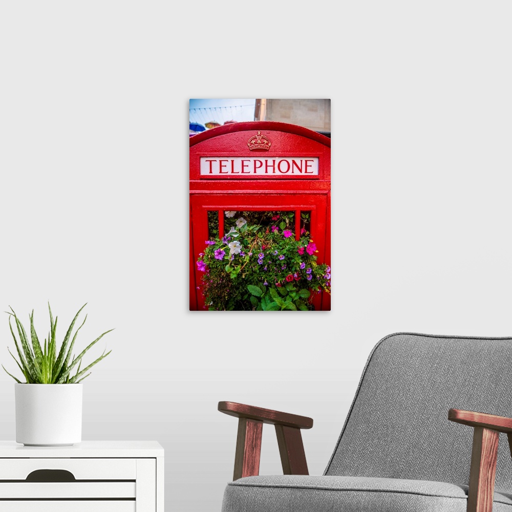 A modern room featuring A traditional British red telephone booth filled with plants in the city of Bath.