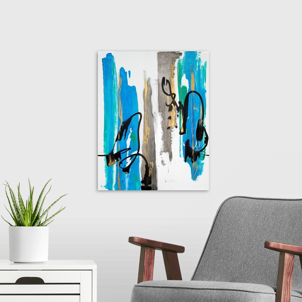 A modern room featuring Abstract painting in colors of yellow, blue and gray with shapes in black overlapping.