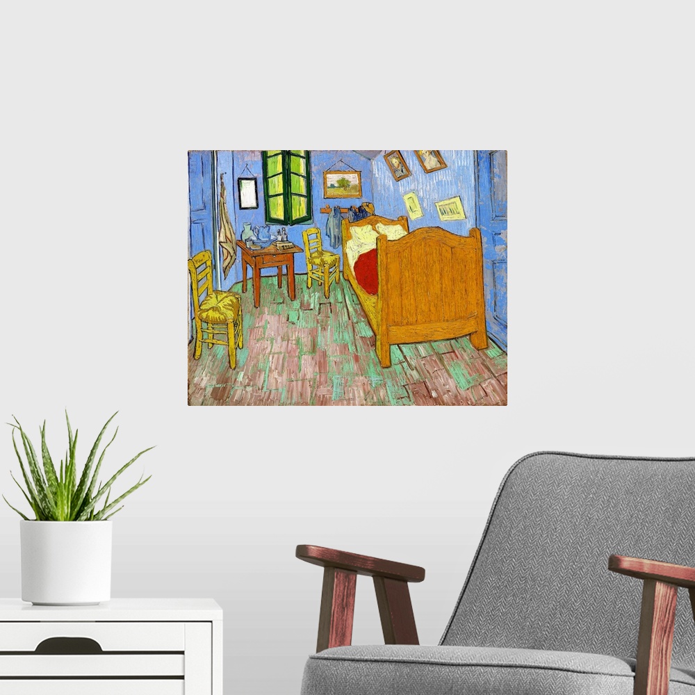 A modern room featuring Vincent van Gogh so highly esteemed his bedroom painting that he made three distinct versions: th...