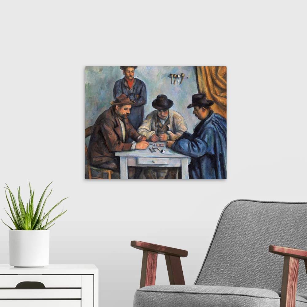 A modern room featuring This is probably the first in a series of five paintings that Cezanne devoted to peasants playing...