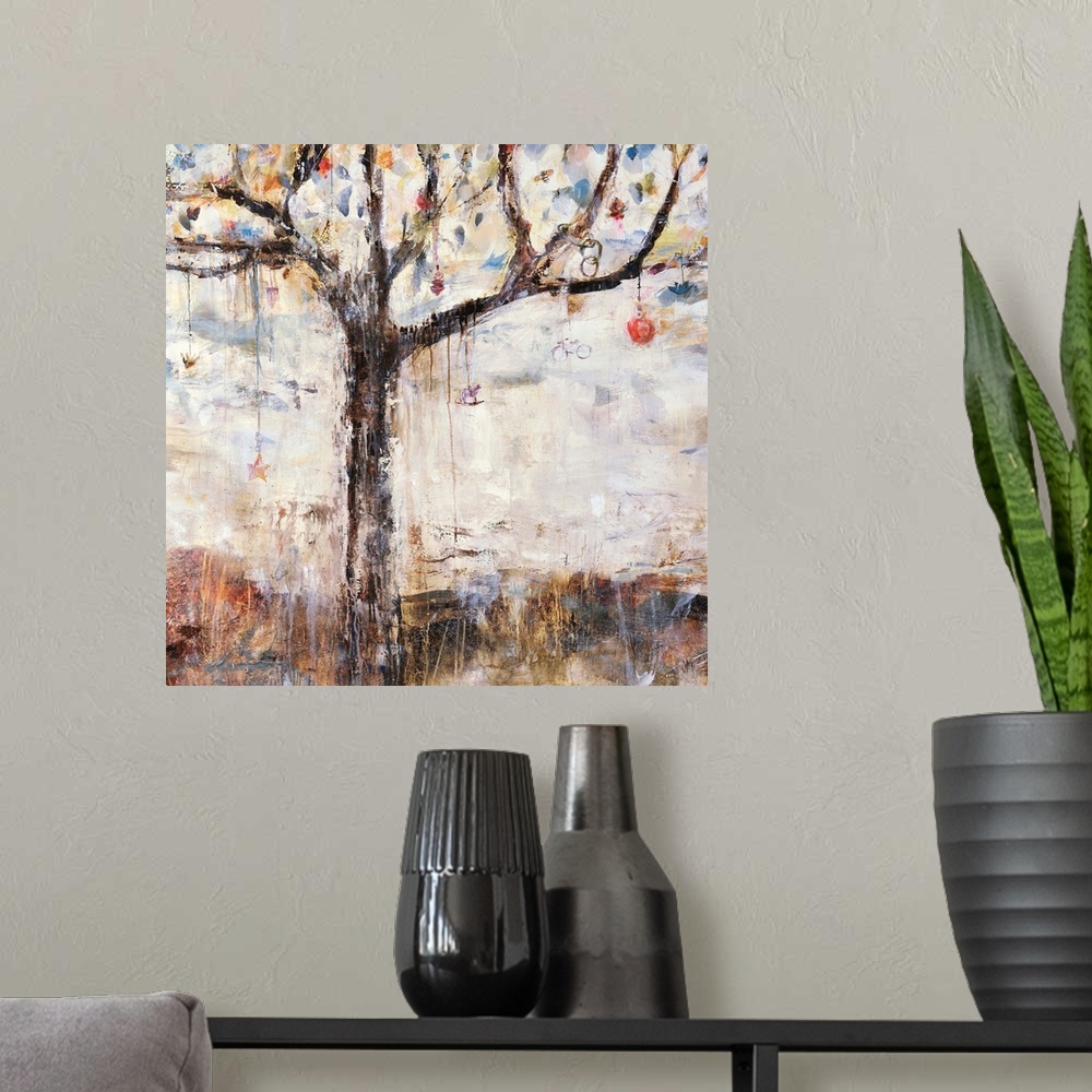 A modern room featuring Abstracted painting of a tree with various  charms and bobbles hanging from its branches.