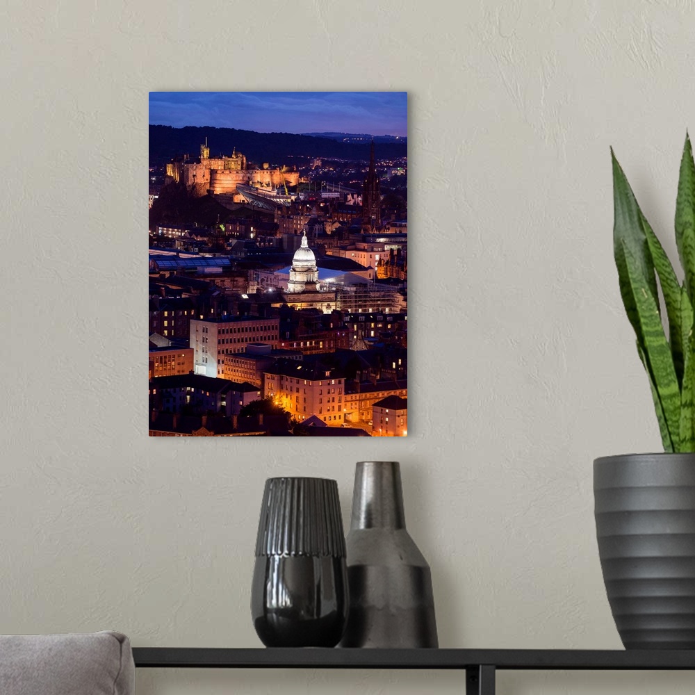 A modern room featuring Photograph of the city of Edinburgh with the Edinburgh Castle standing out in the distance.