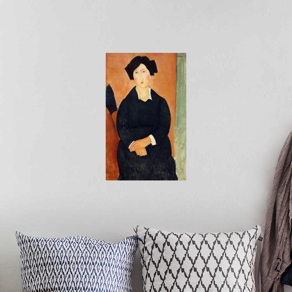 A bohemian room featuring The identity of the patient-looking sitter is unknown. Modigliani might have chosen her because s...