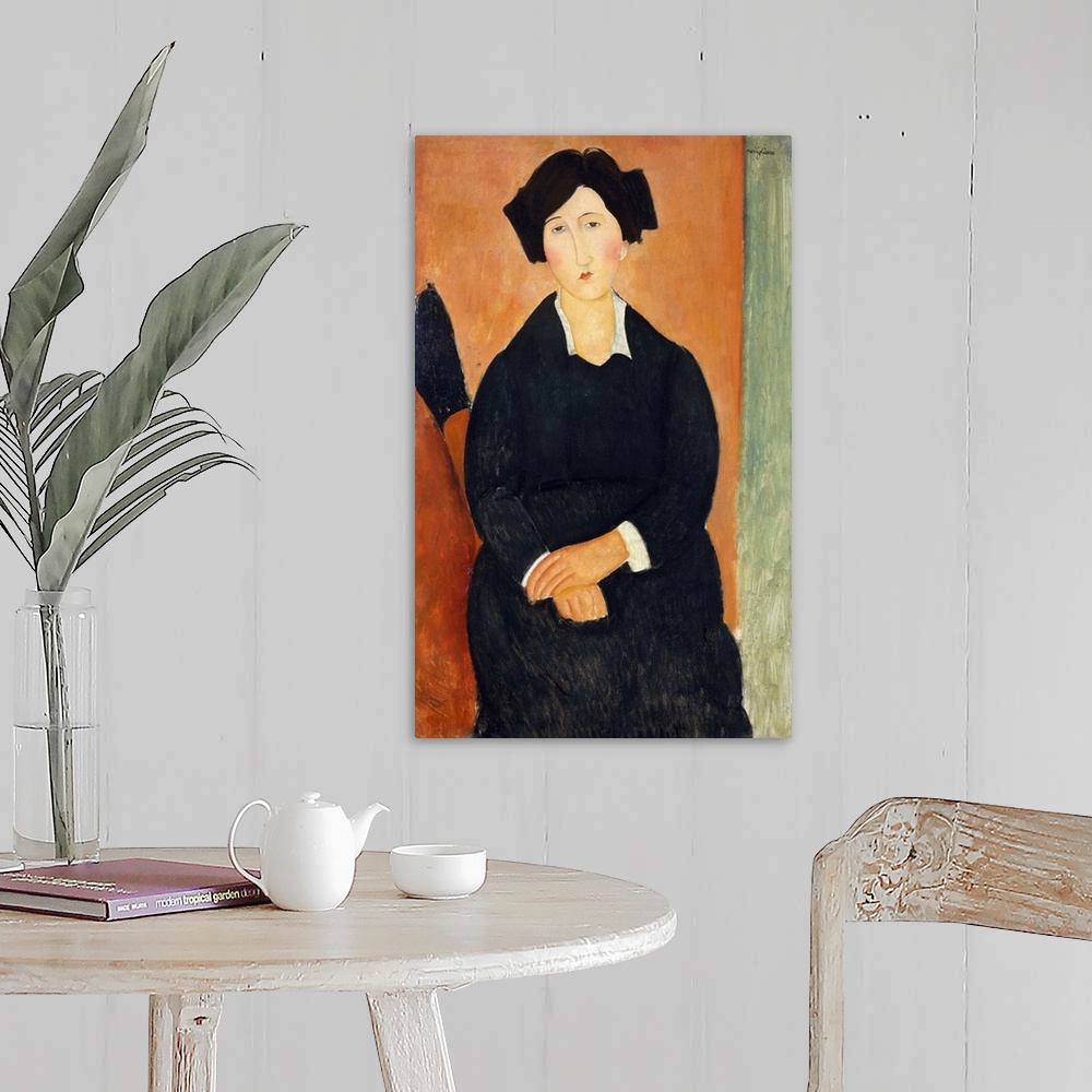 A farmhouse room featuring The identity of the patient-looking sitter is unknown. Modigliani might have chosen her because s...