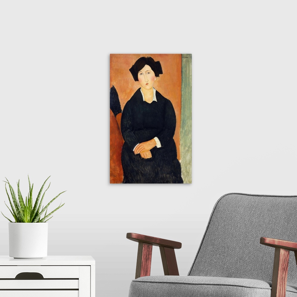 A modern room featuring The identity of the patient-looking sitter is unknown. Modigliani might have chosen her because s...