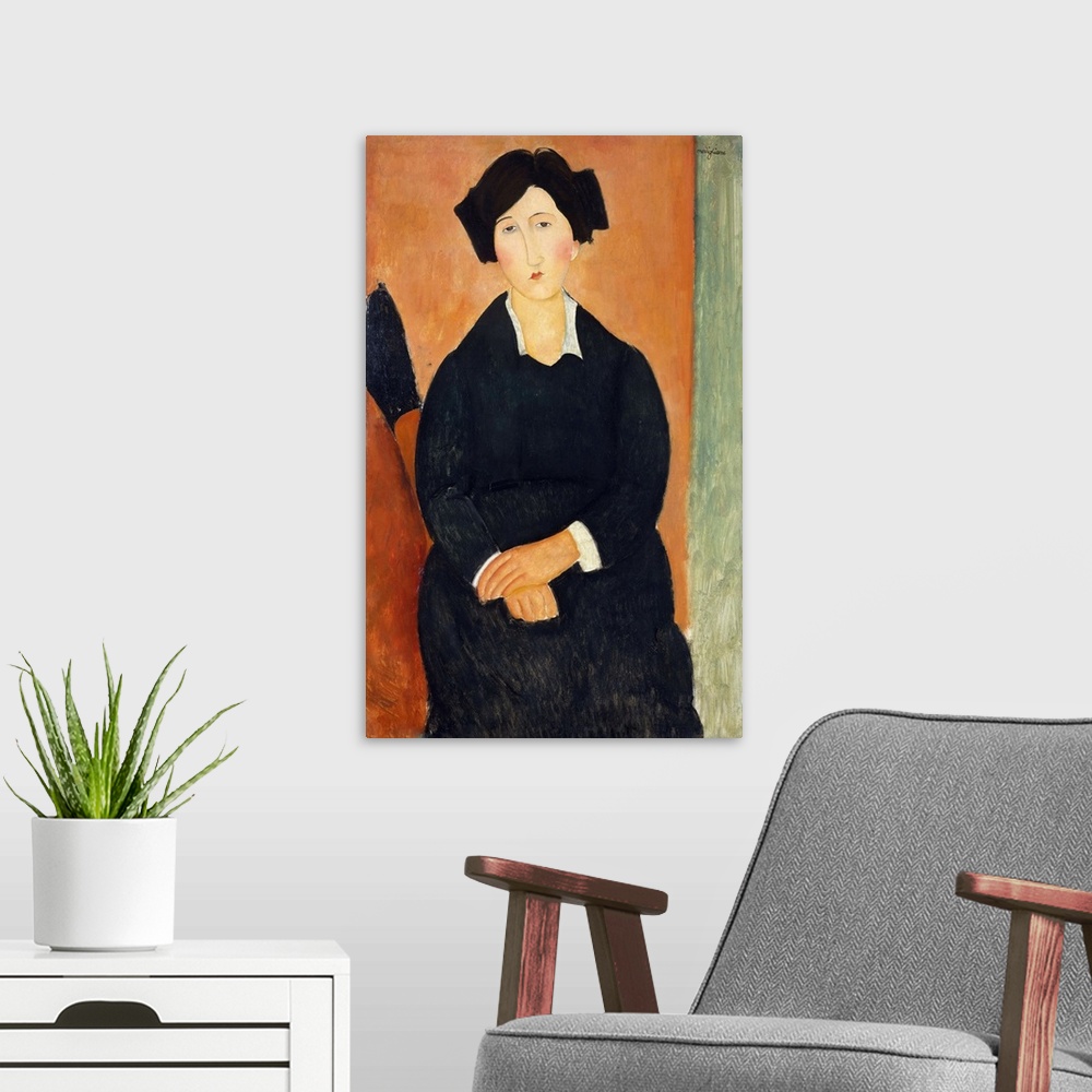 A modern room featuring The identity of the patient-looking sitter is unknown. Modigliani might have chosen her because s...