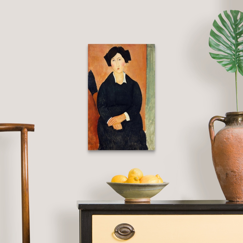 A traditional room featuring The identity of the patient-looking sitter is unknown. Modigliani might have chosen her because s...