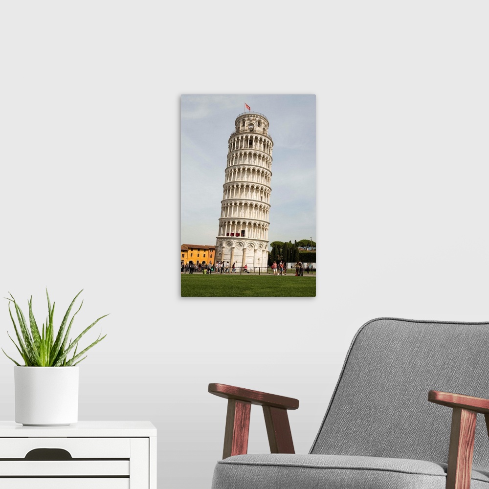 A modern room featuring Photograph of the Leaning Tower of Pisa in Pisa, Italy.