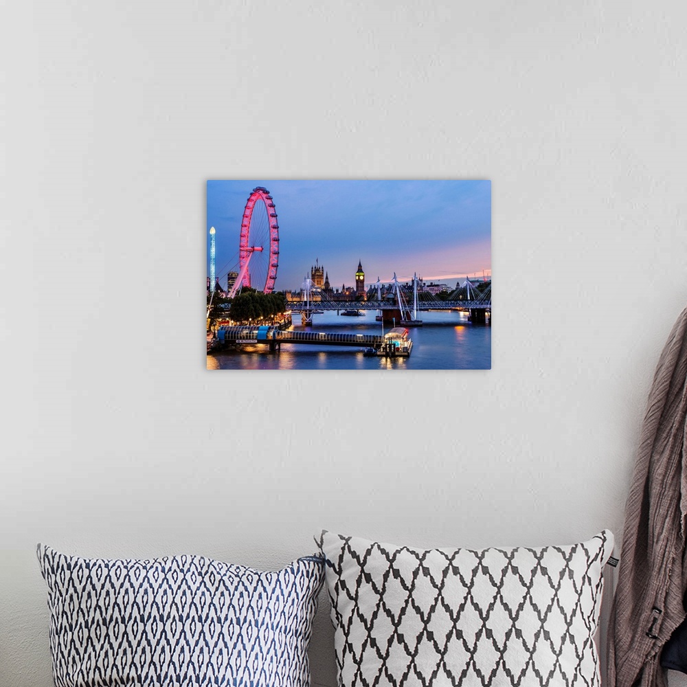 A bohemian room featuring Photograph of the London Eye lit up at night with Big Ben in the background and the Golden Jubile...