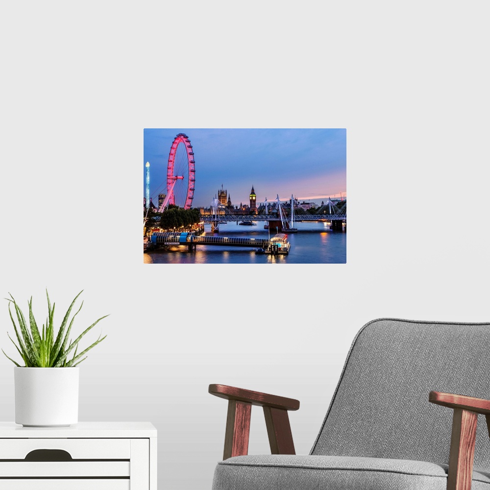 A modern room featuring Photograph of the London Eye lit up at night with Big Ben in the background and the Golden Jubile...