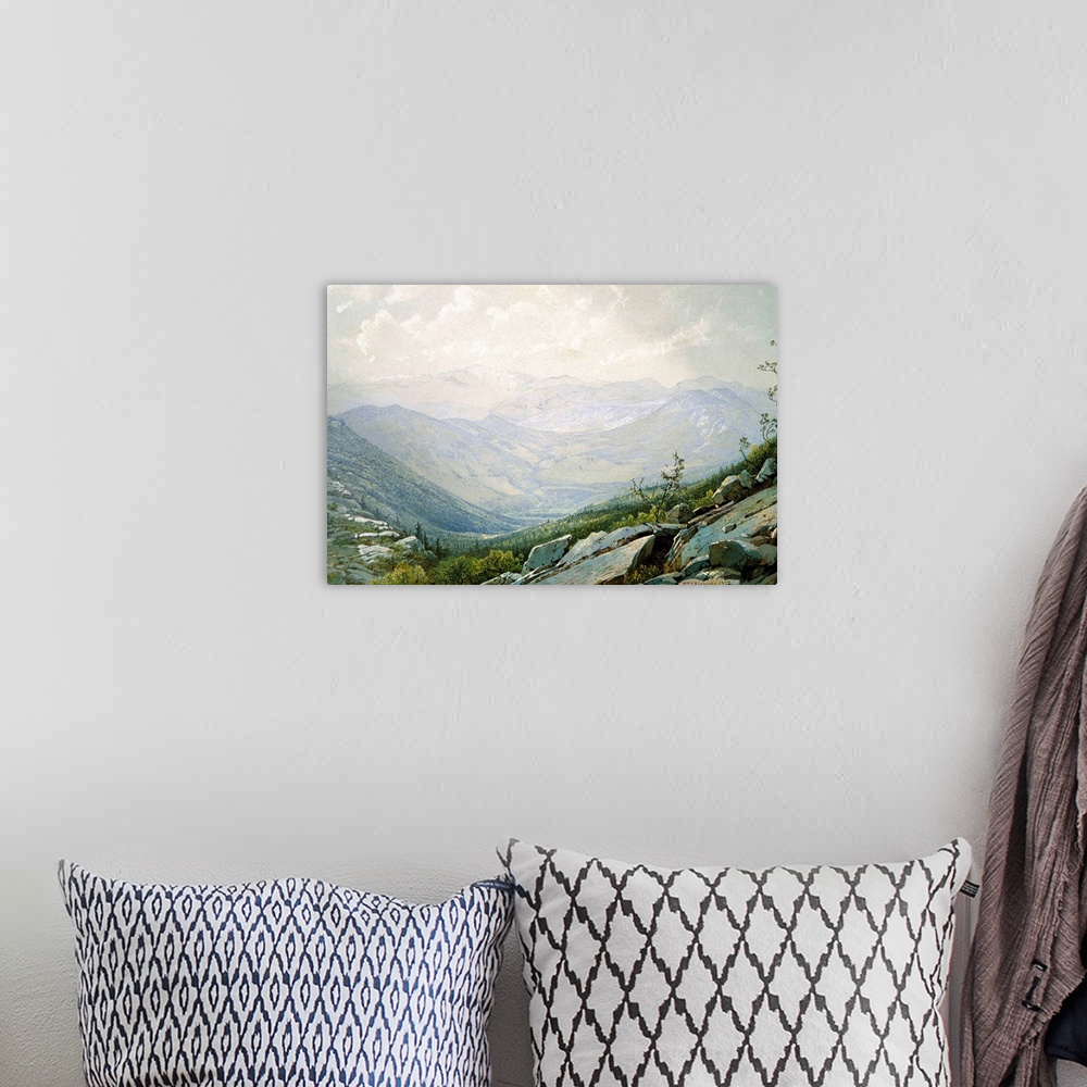 A bohemian room featuring Painting of sunlight warming the rocky wilderness of a mountain valley in New Hampshire.