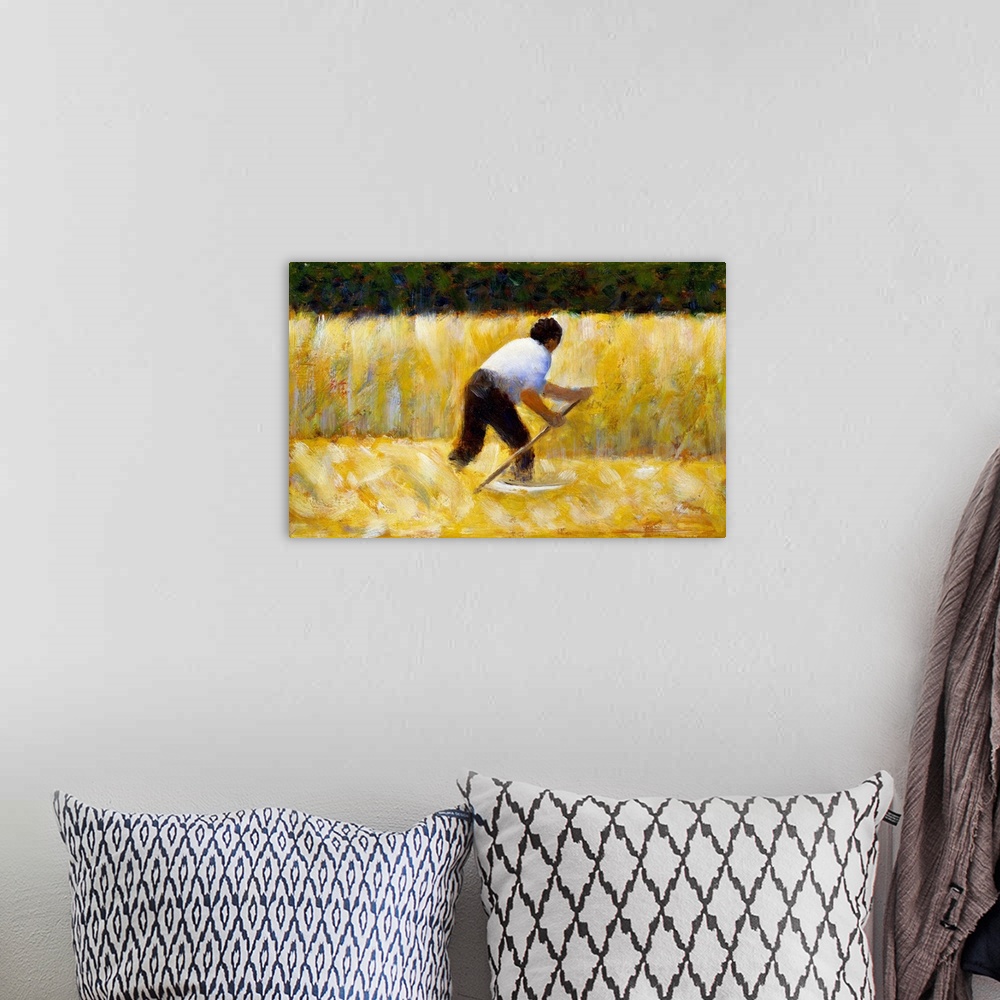 A bohemian room featuring A man with a scythe harvests a field of golden wheat.