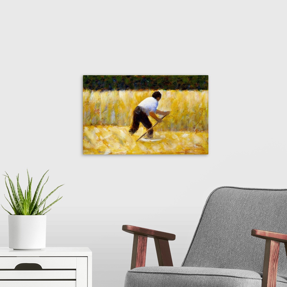 A modern room featuring A man with a scythe harvests a field of golden wheat.
