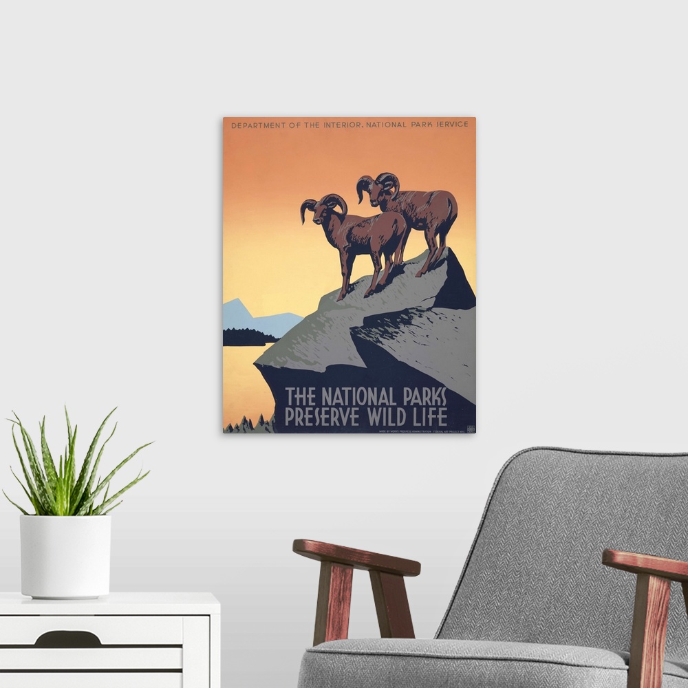 A modern room featuring The national parks preserve wild life. Poster for National Park Service promoting travel to natio...