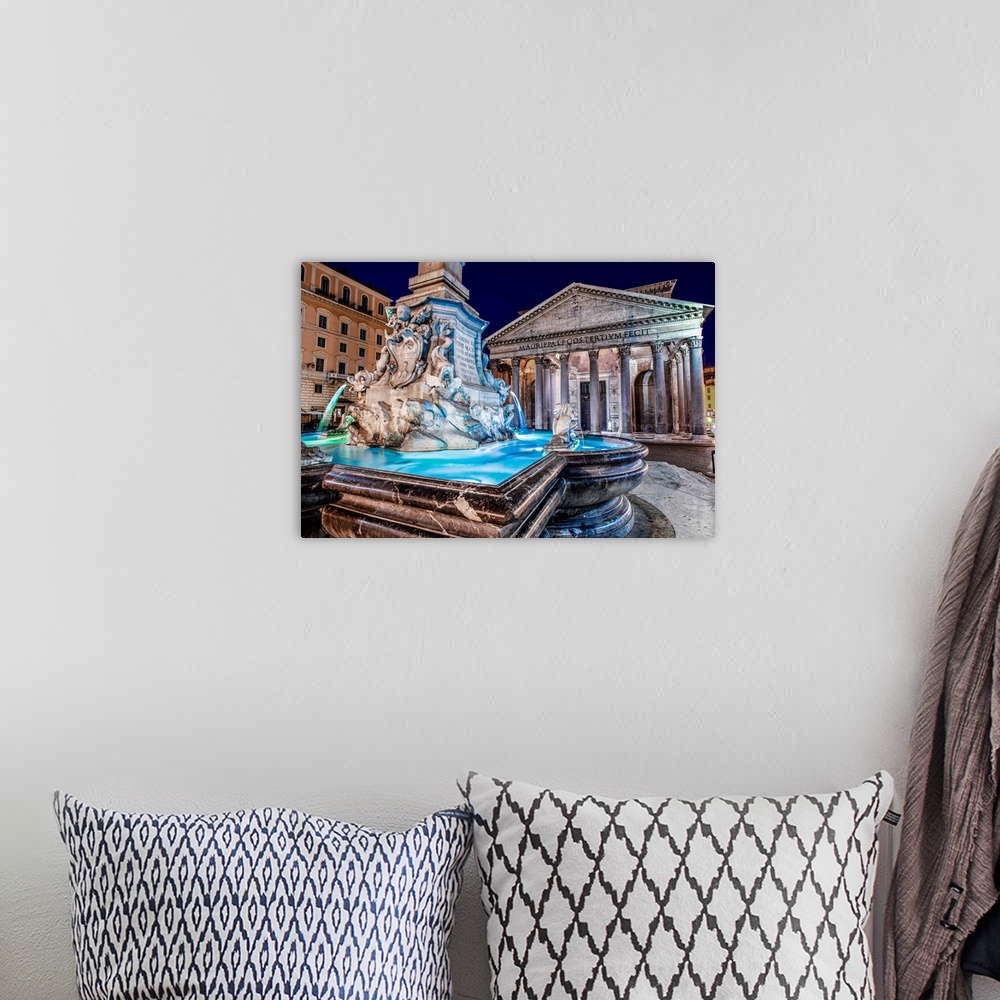 A bohemian room featuring Photograph of the Pantheon Fountain lit up at night in Piazza della Rotond, Rome.