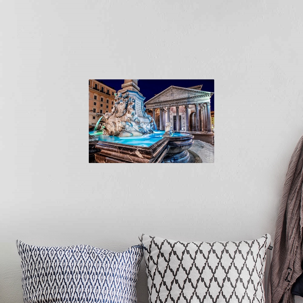 A bohemian room featuring Photograph of the Pantheon Fountain lit up at night in Piazza della Rotond, Rome.