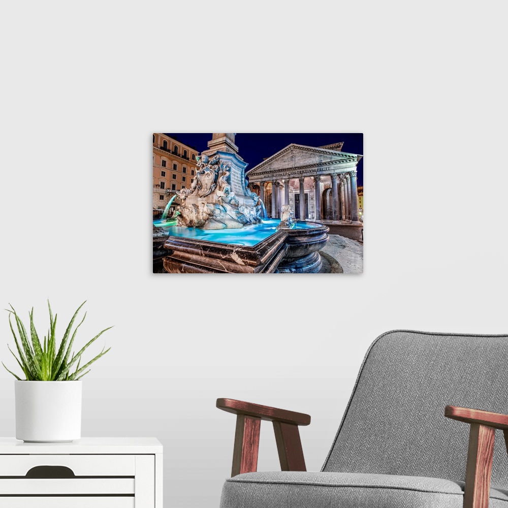 A modern room featuring Photograph of the Pantheon Fountain lit up at night in Piazza della Rotond, Rome.