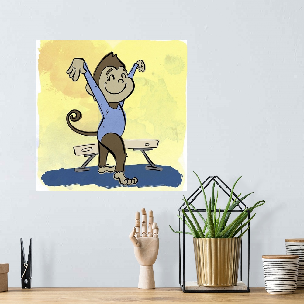 A bohemian room featuring Fun cartoon artwork of a monkey posing after a landing from the balance beam.