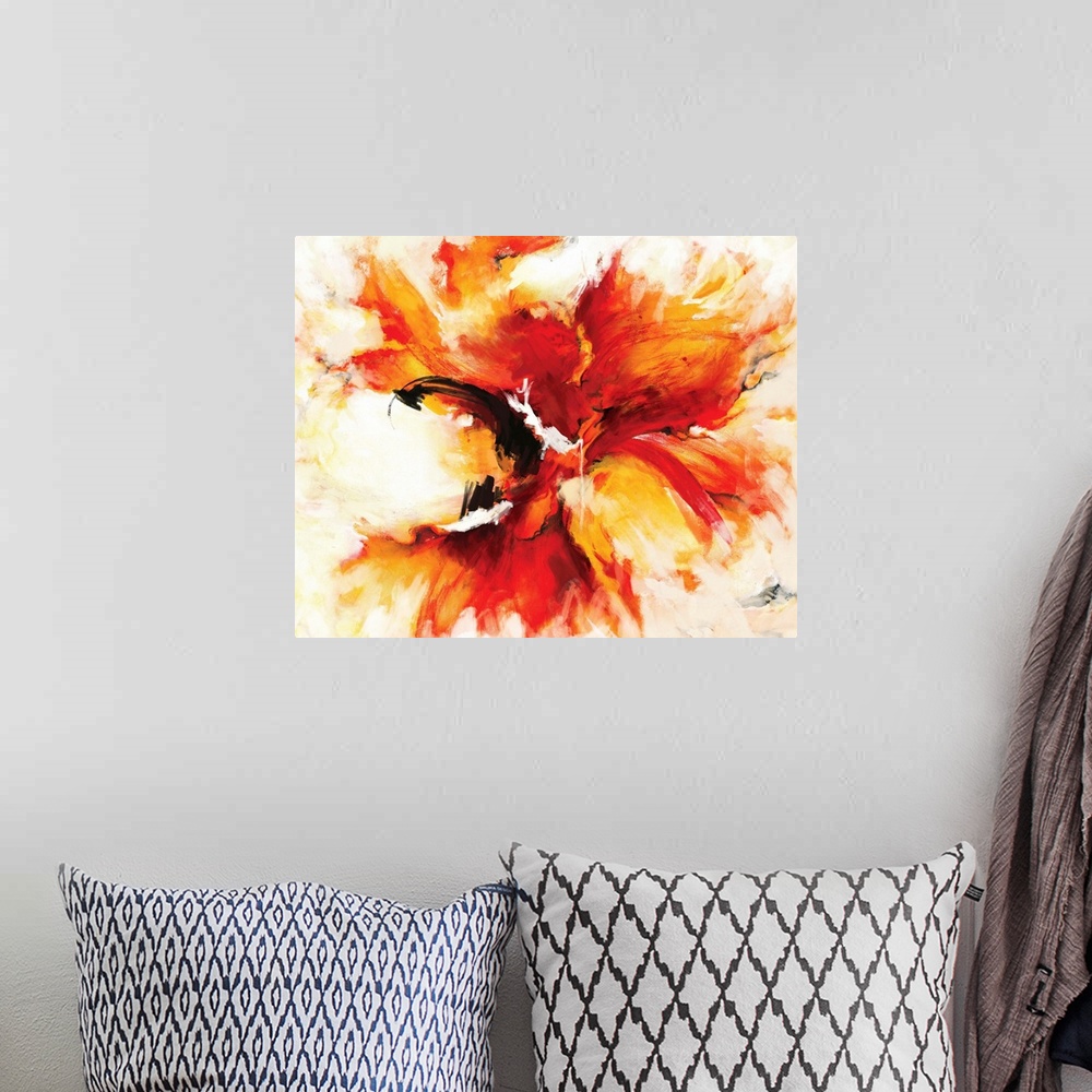 A bohemian room featuring A contemporary abstract painting of a fiery explosion of red and orange with bursts of yellow lik...