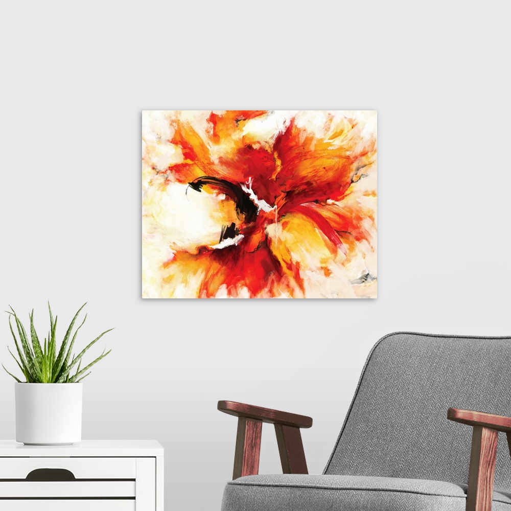 A modern room featuring A contemporary abstract painting of a fiery explosion of red and orange with bursts of yellow lik...
