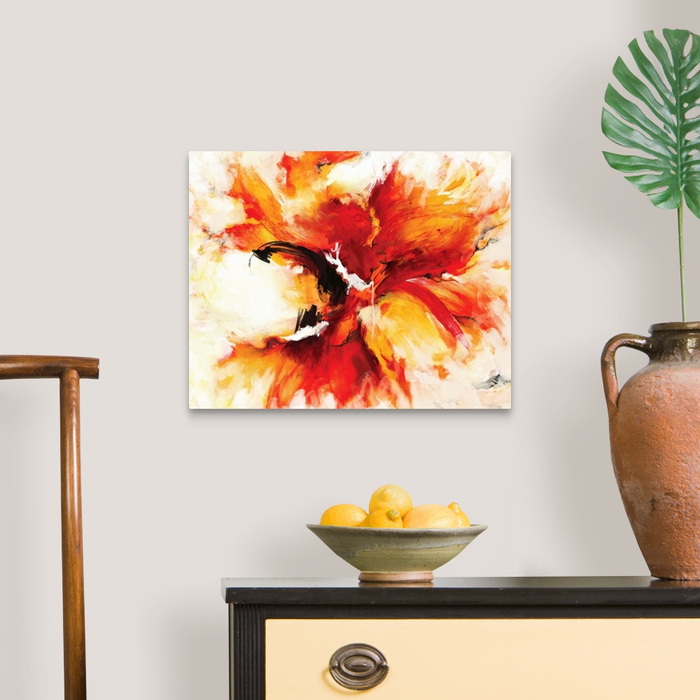 A traditional room featuring A contemporary abstract painting of a fiery explosion of red and orange with bursts of yellow lik...