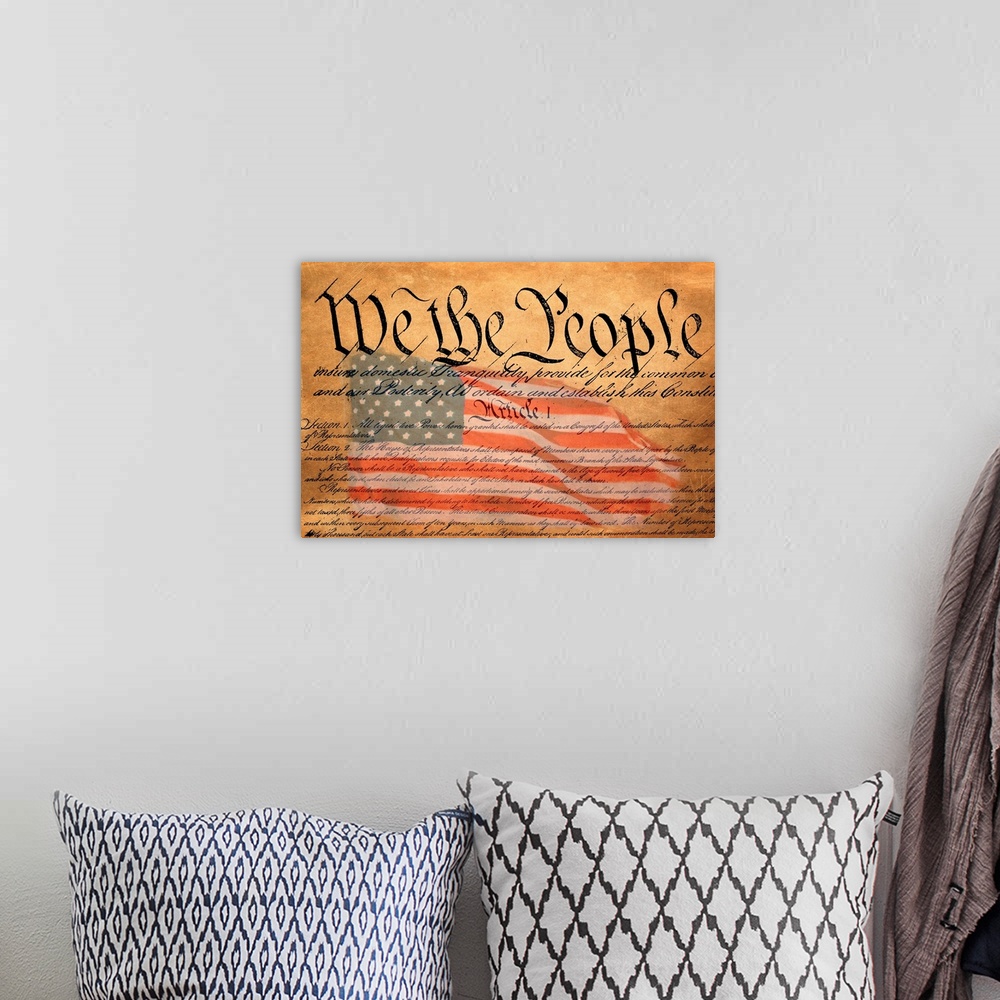 A bohemian room featuring The Preamble To The United States Constitution With Flag