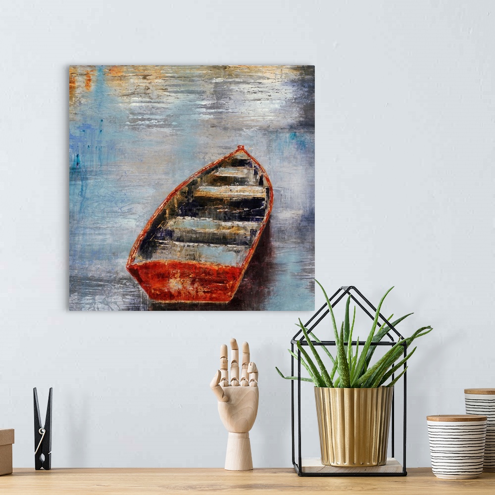 A bohemian room featuring Textured painting of an empty rowboat sitting in calm water at sunset.