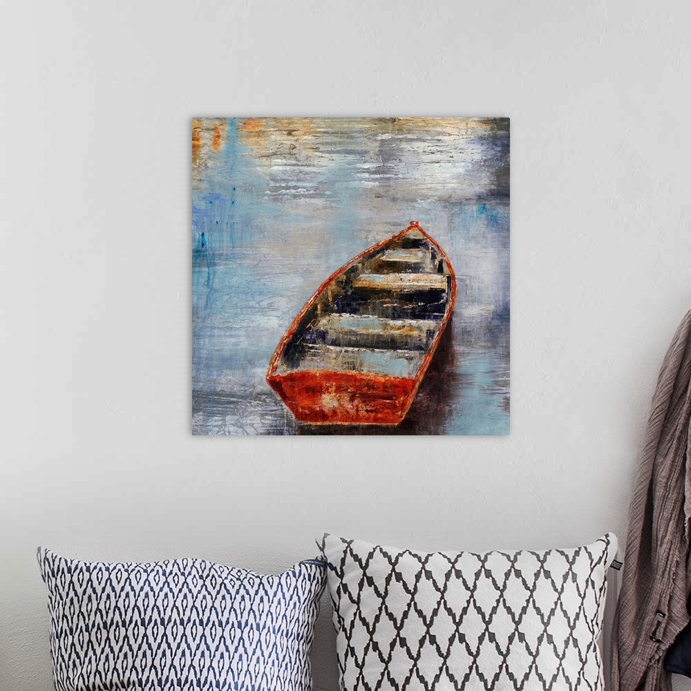 A bohemian room featuring Textured painting of an empty rowboat sitting in calm water at sunset.