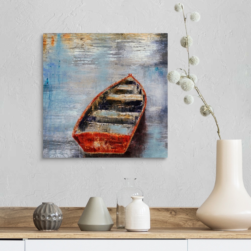A farmhouse room featuring Textured painting of an empty rowboat sitting in calm water at sunset.