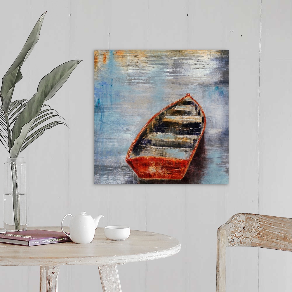 A farmhouse room featuring Textured painting of an empty rowboat sitting in calm water at sunset.