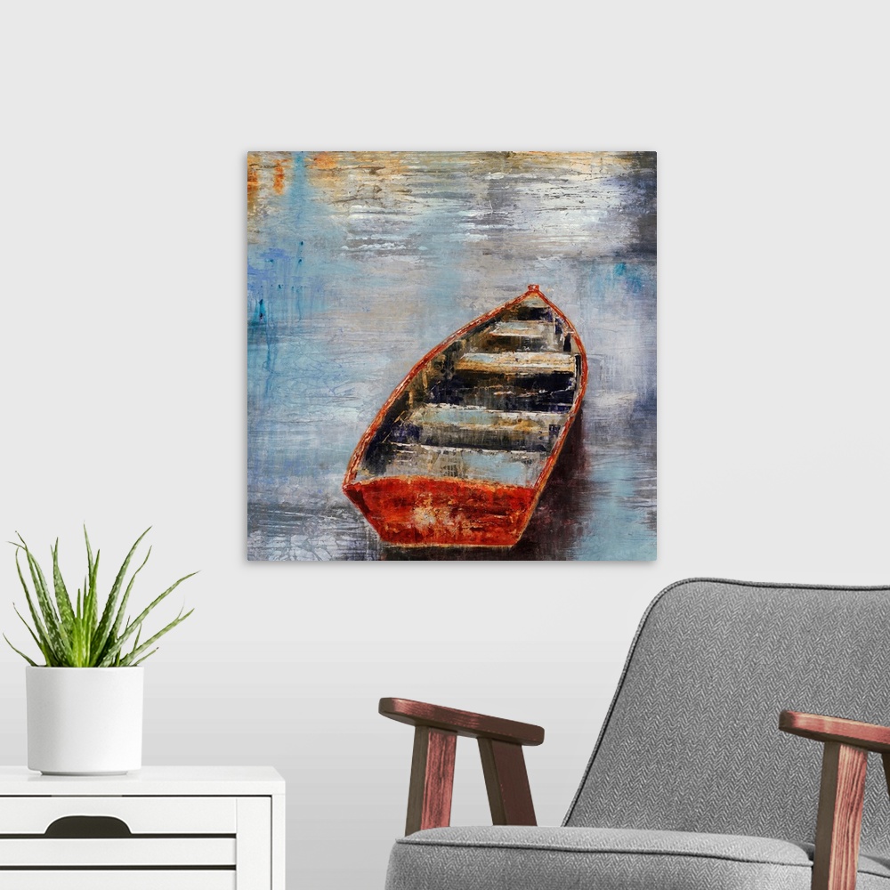 A modern room featuring Textured painting of an empty rowboat sitting in calm water at sunset.