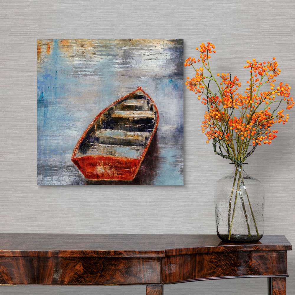 A traditional room featuring Textured painting of an empty rowboat sitting in calm water at sunset.