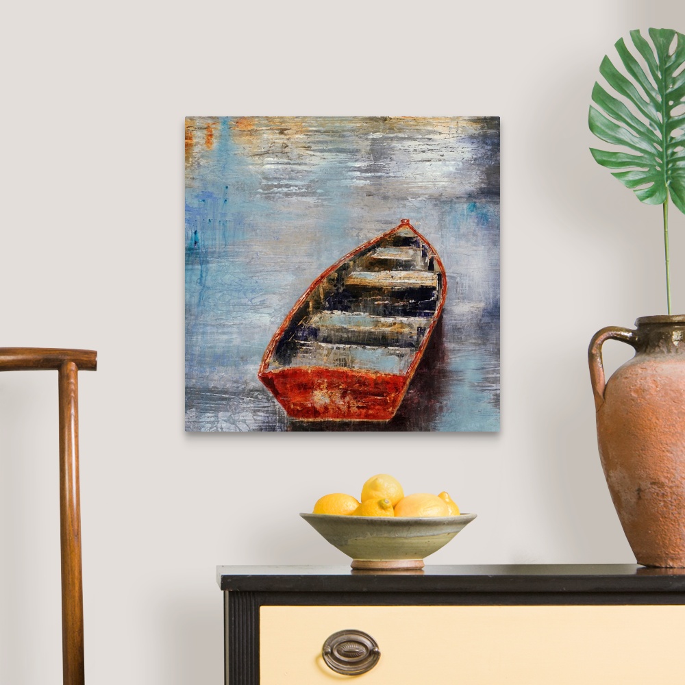 A traditional room featuring Textured painting of an empty rowboat sitting in calm water at sunset.