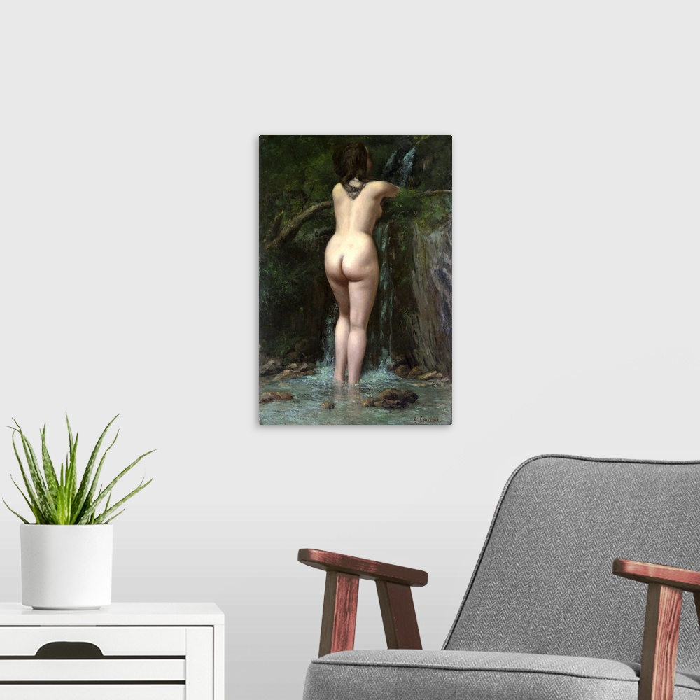 A modern room featuring This nude is painted in an unflinchingly naturalistic style and is devoid of the trappings of aca...