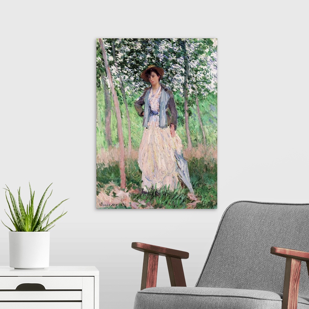 A modern room featuring This painting of Suzanne Hoschede in the meadows just south of Le Pressoir, Monet's home at Giver...