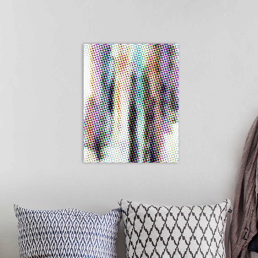 A bohemian room featuring Complementary abstract in vertical lines of pink, blue, yellow and black with a digital dot overlay.