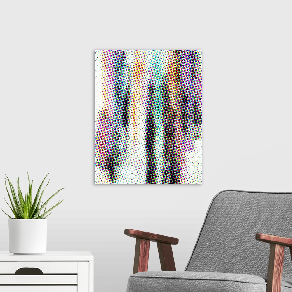 A modern room featuring Complementary abstract in vertical lines of pink, blue, yellow and black with a digital dot overlay.