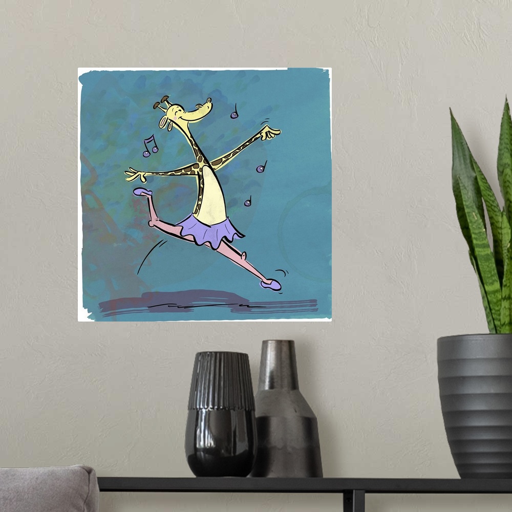 A modern room featuring Fun cartoon artwork of a ballerina giraffe leaping with music.