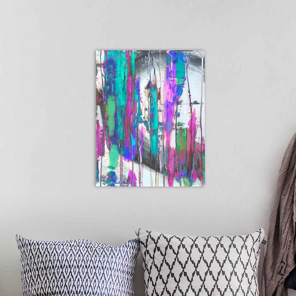 A bohemian room featuring Contemporary abstract of bold vertical brush strokes in tones of pink, blue and gray.