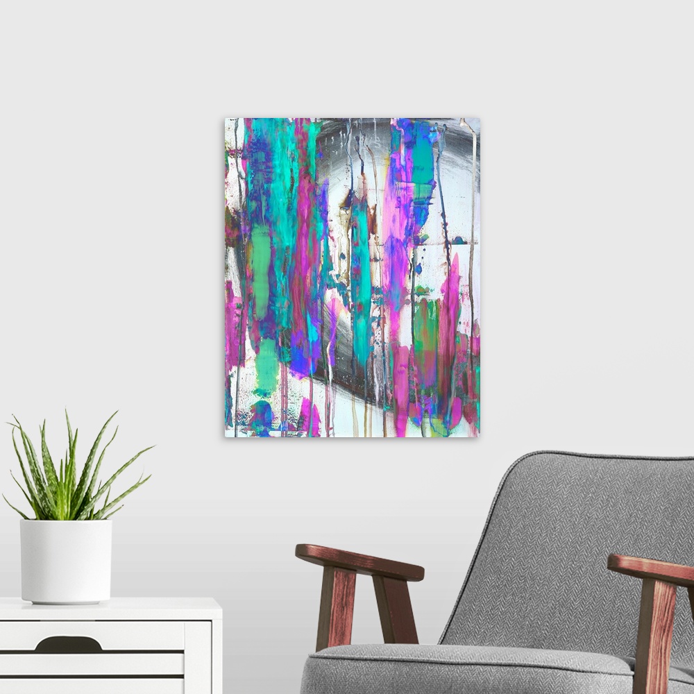 A modern room featuring Contemporary abstract of bold vertical brush strokes in tones of pink, blue and gray.