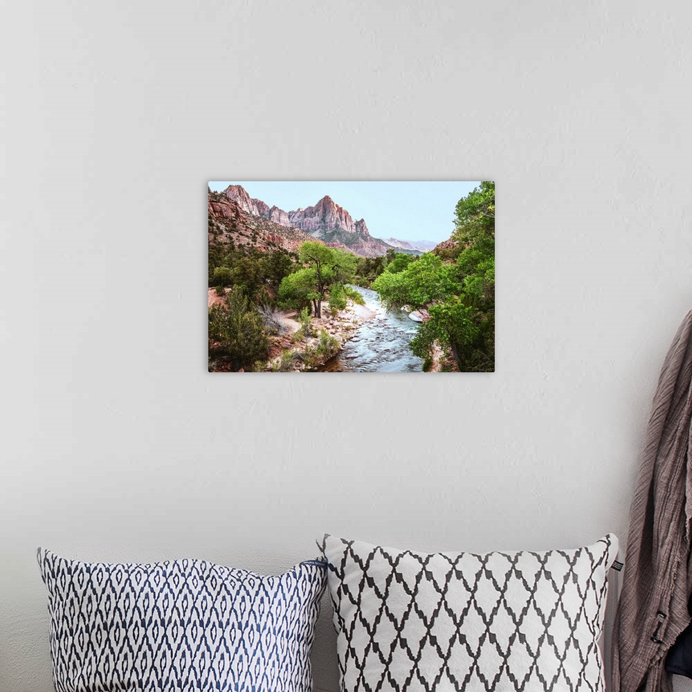 A bohemian room featuring View of 'The Watchman' peak with Virgin River from Canyon Junction Bridge, Zion National Park, Utah.