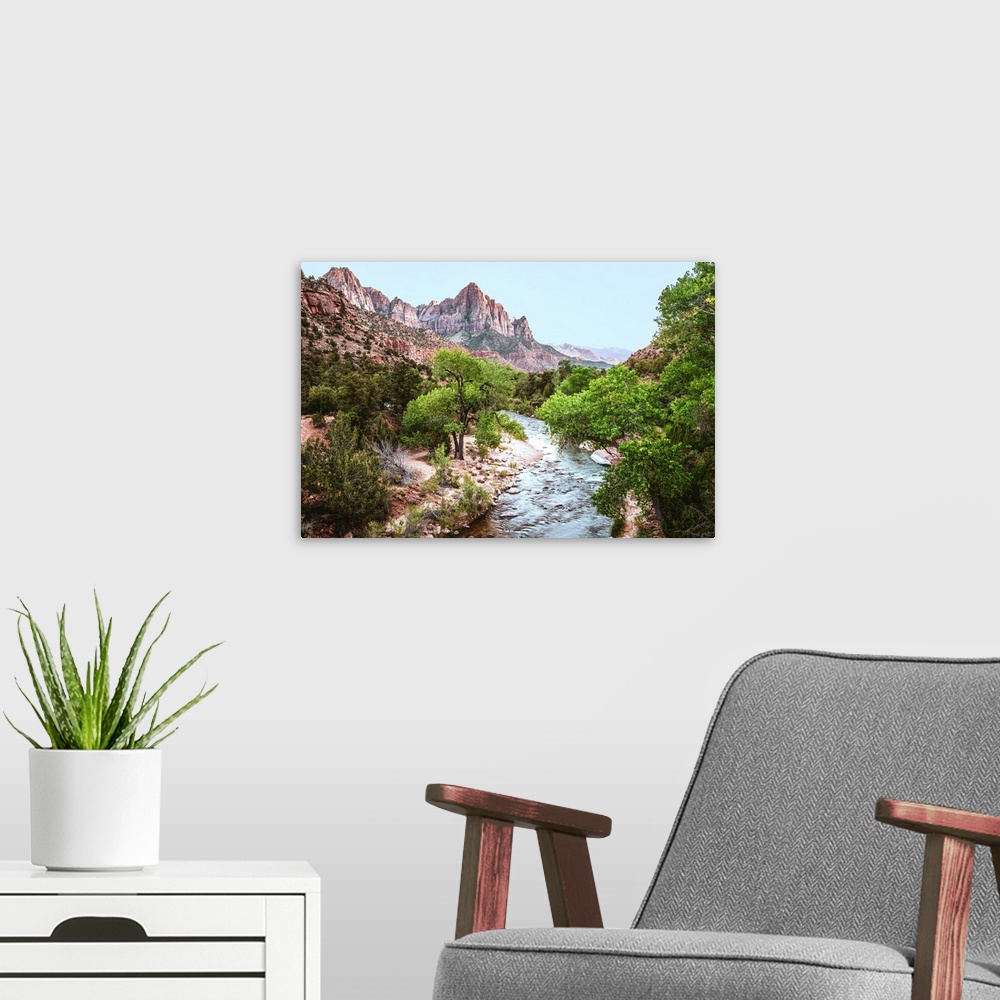 A modern room featuring View of 'The Watchman' peak with Virgin River from Canyon Junction Bridge, Zion National Park, Utah.