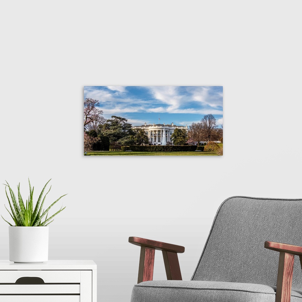 A modern room featuring The White House in Washington, DC