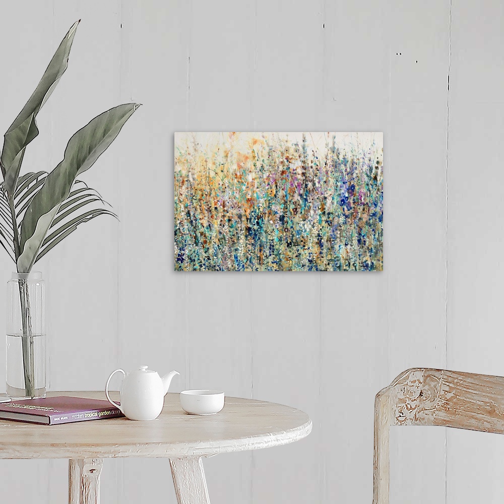 A farmhouse room featuring A splashy, vibrant mass of wild flowers and grasses in an abstract, impressionist style.