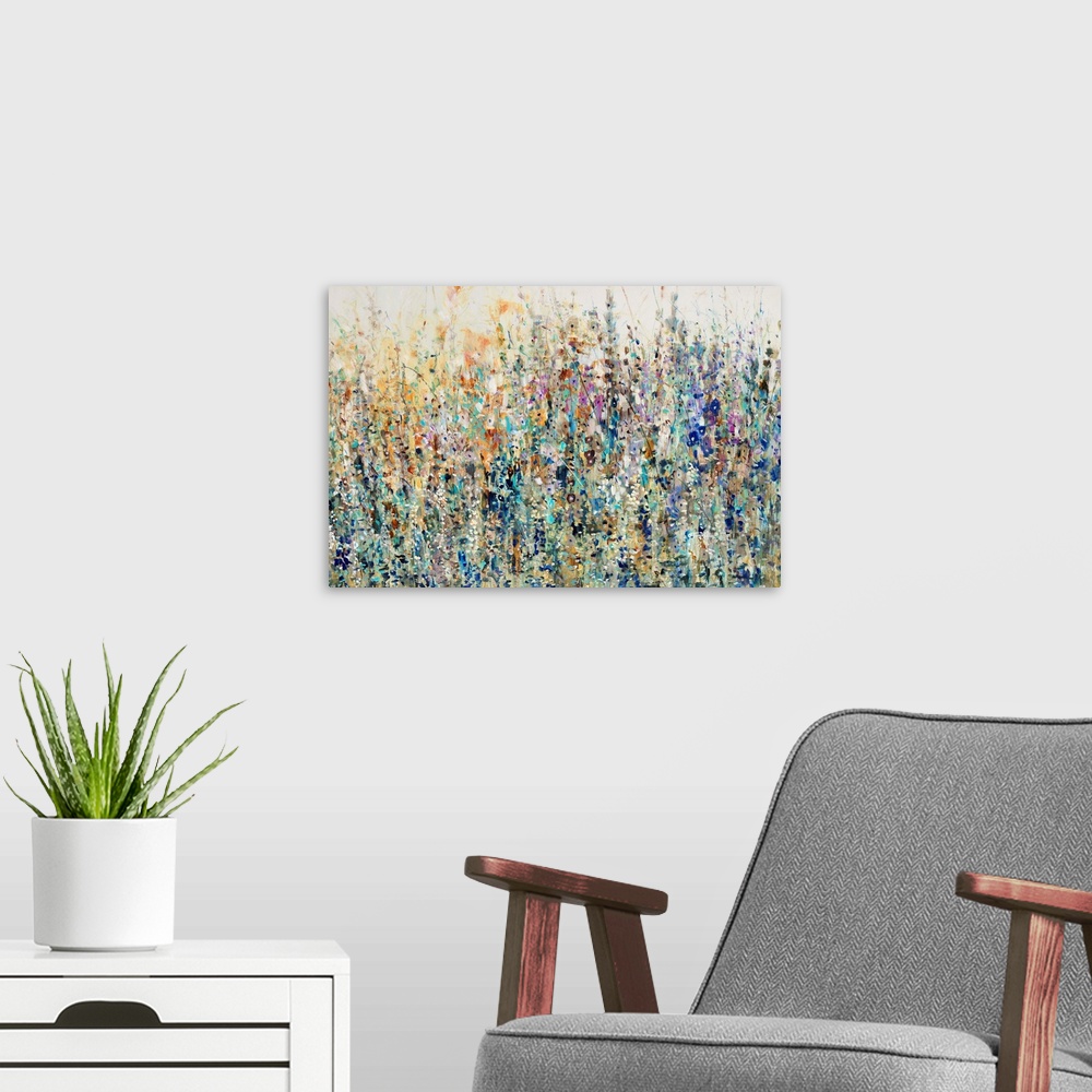 A modern room featuring A splashy, vibrant mass of wild flowers and grasses in an abstract, impressionist style.